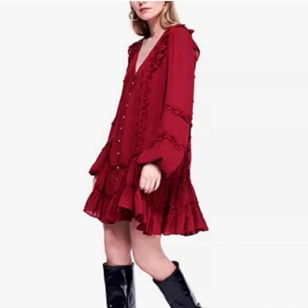 Free People Snow Angel Ruffle Eyelet V-neck Boho Bohemian Mini Dress in Wine - Picture 3 of 12